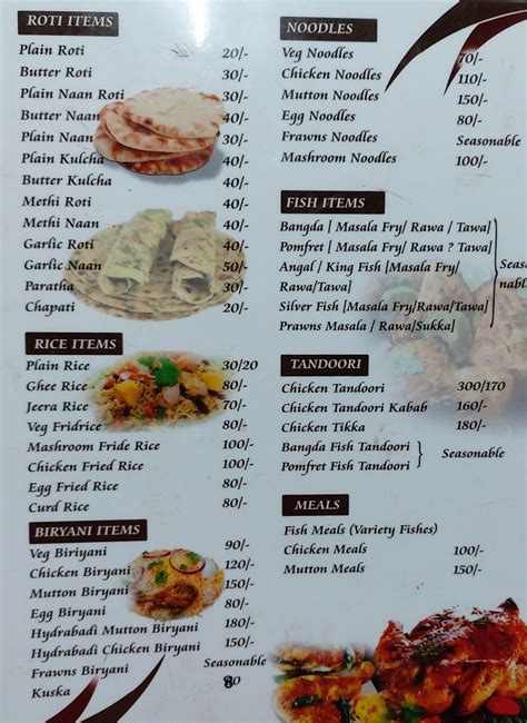 Menu at Hotel Athithya Palace, Siddapur