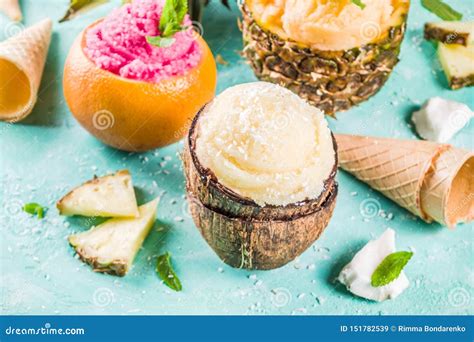Various Tropical Ice Cream Sorbet Stock Image - Image of cone, scoop ...