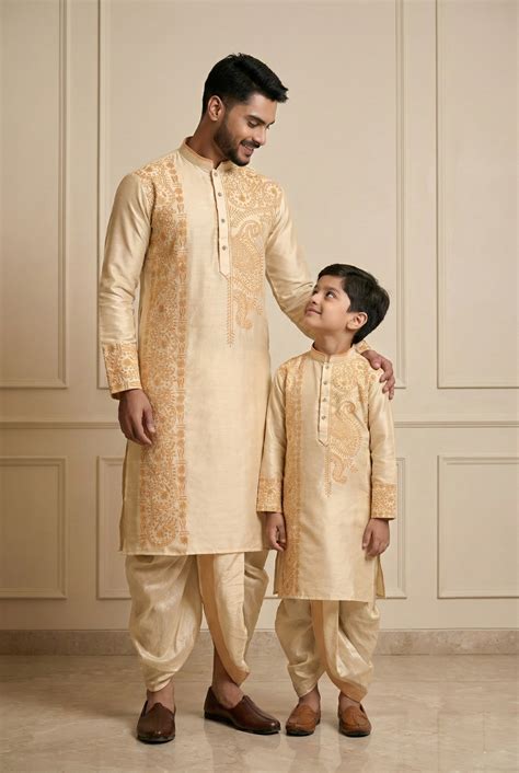 Angasudha Golden Beige Embroidered Father–Son Dhoti Kurta Set ...