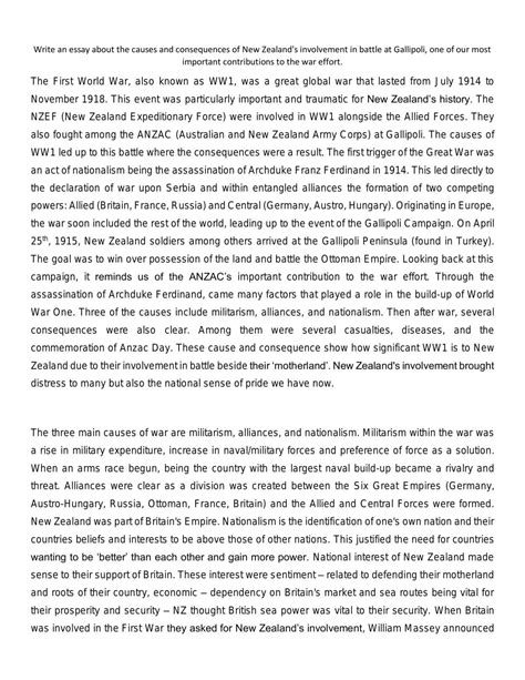 Causes and Consequences NZ's Involvement in WW1 Essay | History - Level 1 NCEA | Thinkswap