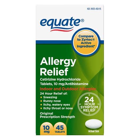 Equate 24 Hour Allergy, Cetirizine Hydrochloride Tablets, 10 mg, 45 ...