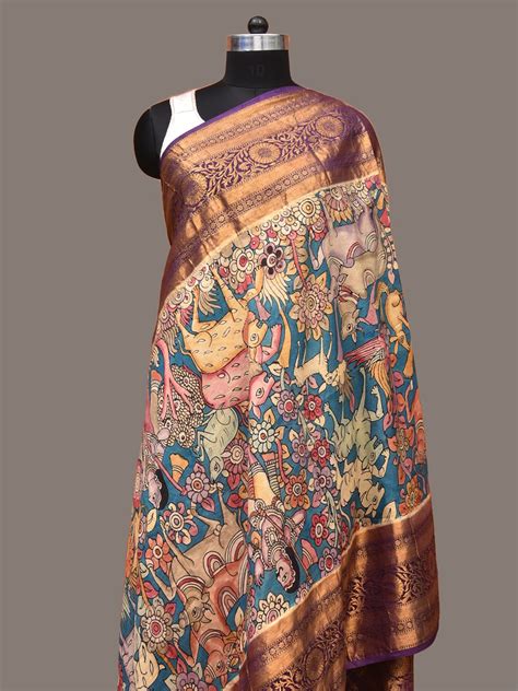 Blue and Purple Kalamkari Hand Painted Kanchipuram Silk Handloom Dupat ...