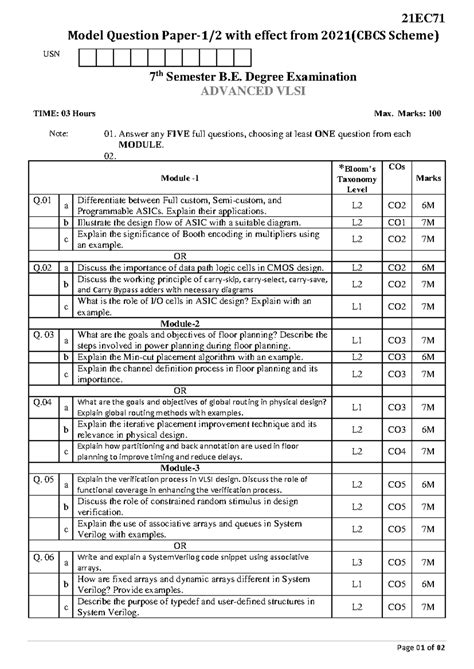 21EC71 Advanced VLSI Model Paper - Exam Questions & Bloom's Taxonomy ...