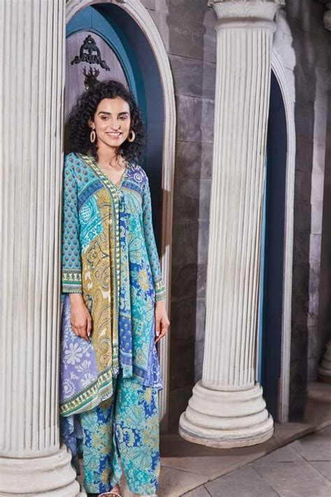 Blue Printed Asymmetric Kurta & Palazzo Suit Set at Biba India