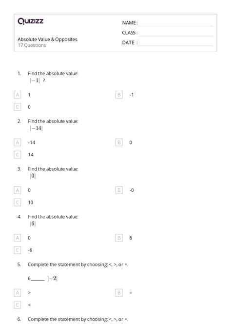 Image result for 7th Grade Absolute Value Worksheets