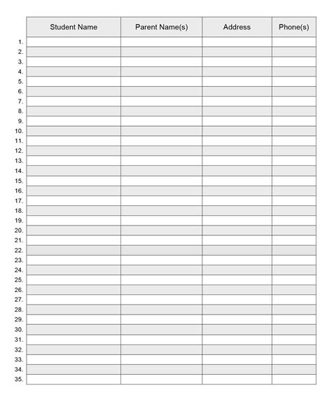 Class Roster Template Printable