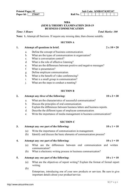 Mba 1 sem business communication kmb107 2019 - 1 | P a g e Printed ...