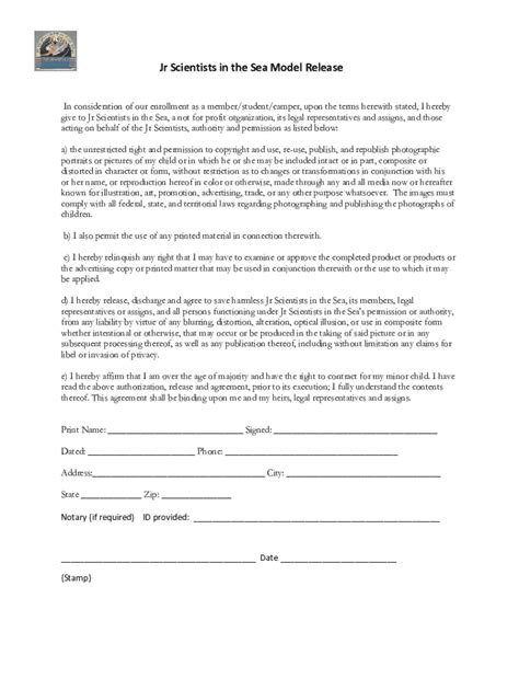 Fillable Online Jr Scientists in the Sea Model Release Fax Email Print ...