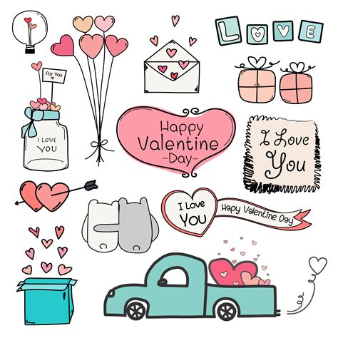 Happy Valentine Day. Set Of Doodle Valentine Day Labels And Typography ...