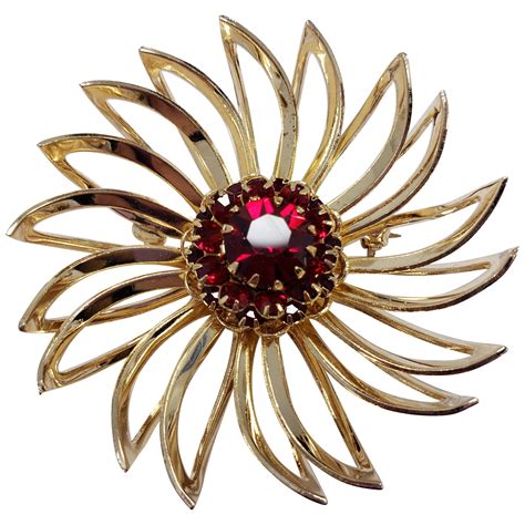 Sarah Coventry Ruby Red Crystal Gold Tone Curved Flower Pin Brooch at ...