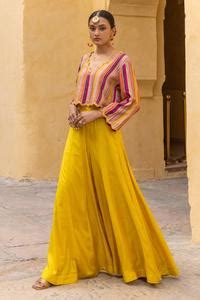 Buy Yellow Silk, Cotton Embroidery, Mirrors Striped Print Crop Top And ...