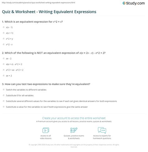 Quiz & Worksheet - Writing Equivalent Expressions | Study.com