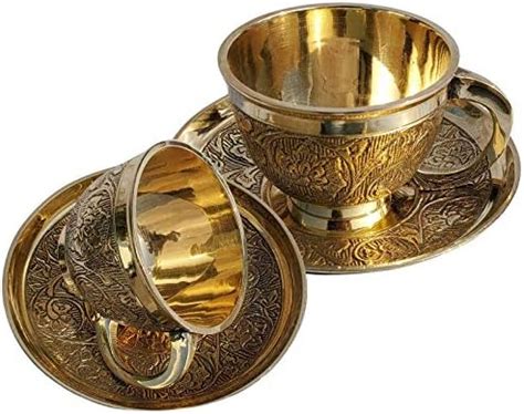 Pure Source India Premium Solid Brass Tea Cup and Saucer – 2 Sets, Gold ...