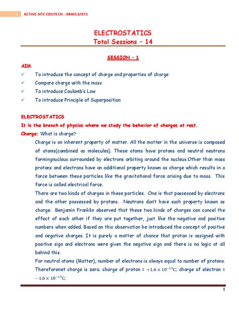 Electrostatics - 1 ELECTROSTATICS Total Sessions – 14 ####### SESSION ...