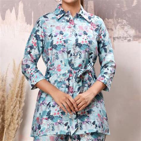 Light Blue Floral Printed Cotton Silk Co Ord Set