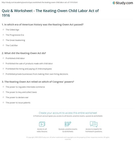 Quiz & Worksheet - The Keating-Owen Child Labor Act of 1916 | Study.com