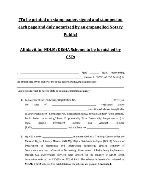 India Affidavit for NDLMDISHA Scheme to be Furnished Form - Fill Online ...
