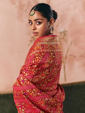 Red Khaddi Georgette Bandhej Saree with Weaving Work - VJV Now - India