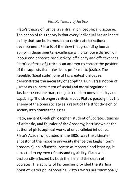 Cpp asg - Plato’s theory of justice is central in philosophical ...