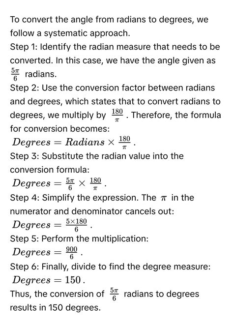 Solved: What is StartFraction 5 pi Over 6 EndFraction radians converted ...