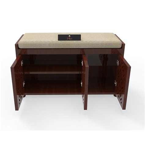 Buy Natural Teak Wood 3 Door Shoe Rack with Seat | WoodenTwist