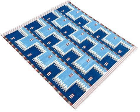 Modern Handmade Cotton Flat Weave Sky Blue And Beige Geometric Rug-653 ...