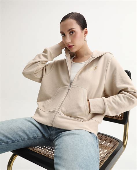 Rareism Women's Div Beige Cotton Blend Hooded Regular Fit Printed Swea