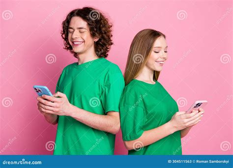 Photo of Couple Teenagers Wear Green T Shirt Brunet Boyfriend Send Sms Girlfriend Telegram ...