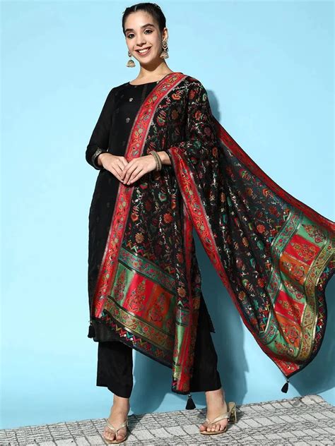 Buy Black Self Design Silk Blend Straight Kurta With Dupatta Online at ...