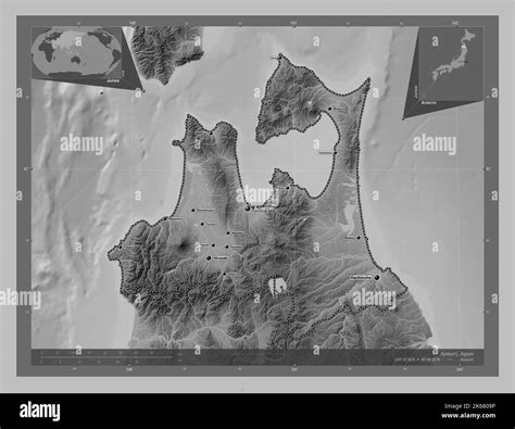 Aomori, prefecture of Japan. Grayscale elevation map with lakes and rivers. Locations and names ...