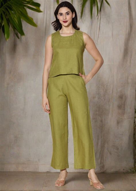 Mae - Pure Linen Sleeveless Women's Co-ord Set - Sap Green – Linen Trail