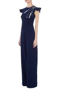 Buy Blue Moss Crepe Embroidered Floral Crew Neck Jumpsuit For Women by ...