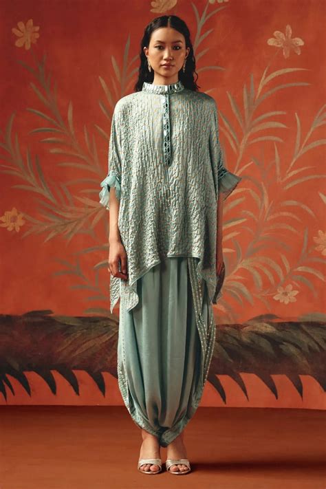 Sea Foam Bandhani Tunic Top with Draw String Dhoti Pants