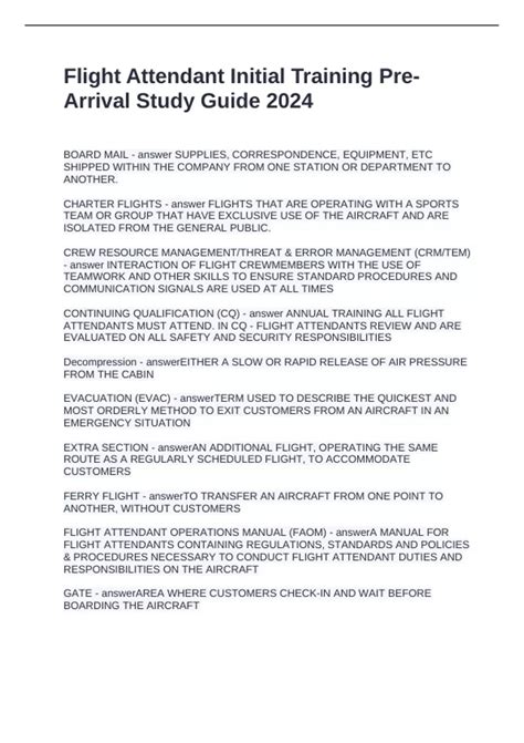 Flight Attendant Initial Training Pre-Arrival Study Guide 2024 ...
