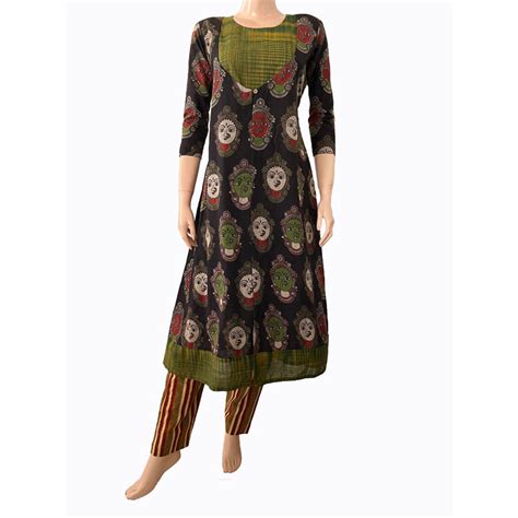 Kalamkari Cotton Roundneck Jacket Style Layered A line Kurta , Black ...