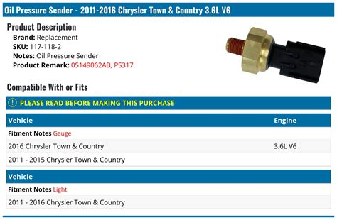 2011-2016 Chrysler Town & Country Oil Pressure Sender - Replacement 117 ...