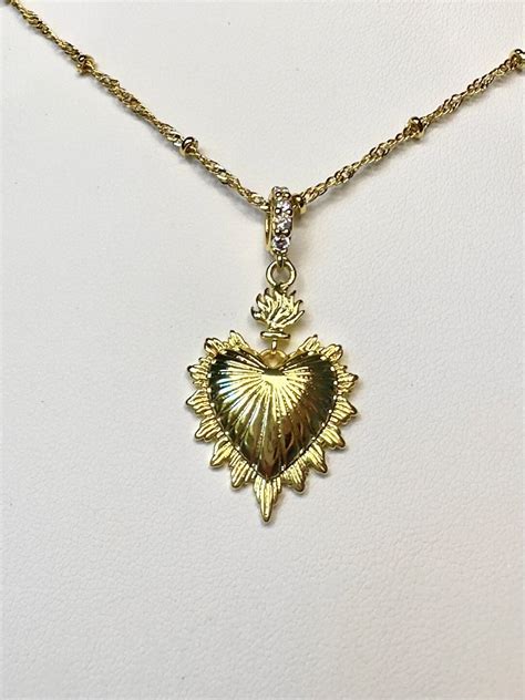 Gold Sacred Heart Necklace, Milagro Heart Pendant, 14k Gold Heart ...