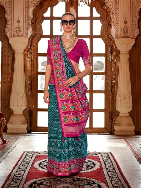 Dark Teal Silk Designer Patola Saree for Festival Wear - VJV Now - India