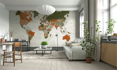 Olive green world map for office walls