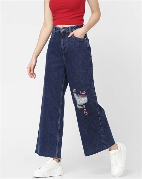 Buy Blue High Rise Patch Print Flared Jeans For Women Online - ONLY