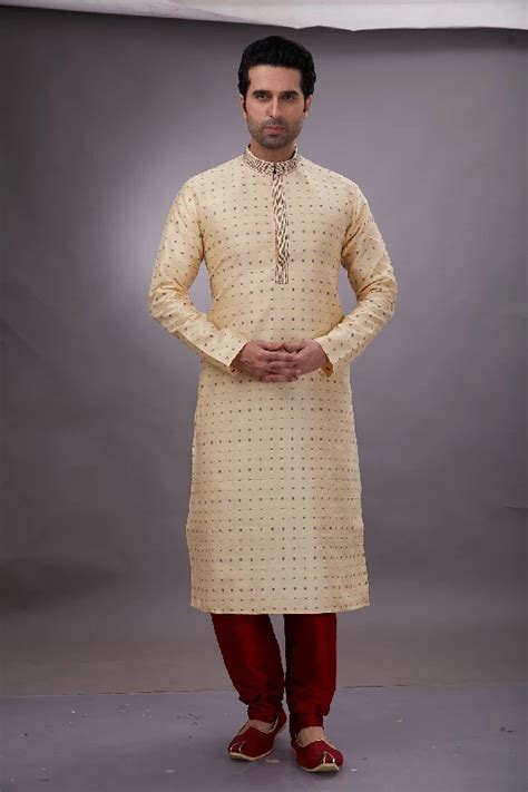 Woven Cotton Jacquard Kurta Set in Beige