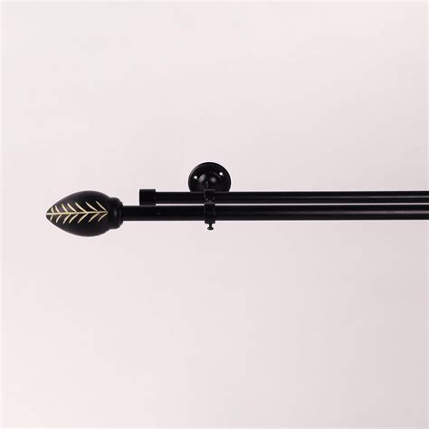 Wooden Leafy Bud Finial Extendable Double Curtain Rod Black 19MM (Hard ...