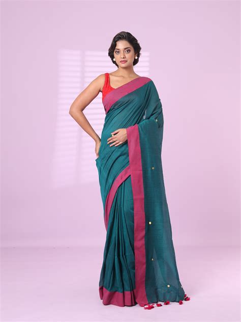 Teal Cotton Sequence Work Soft Saree With Contrast Border – Charukriti