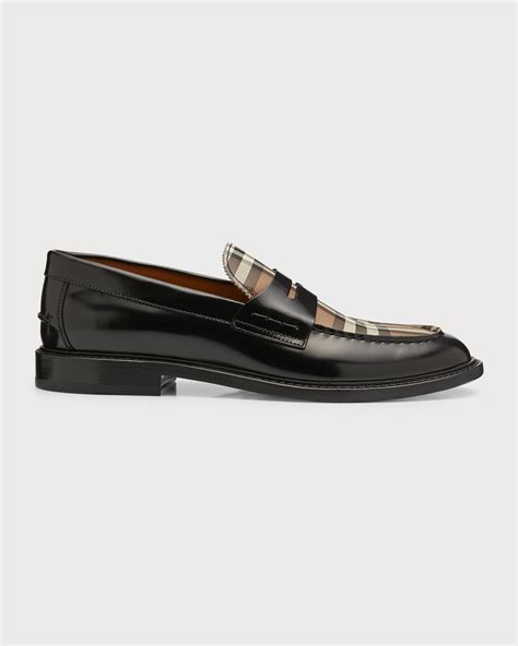 Burberry Men's Vintage Check Panel Leather Penny Loafers | Neiman Marcus