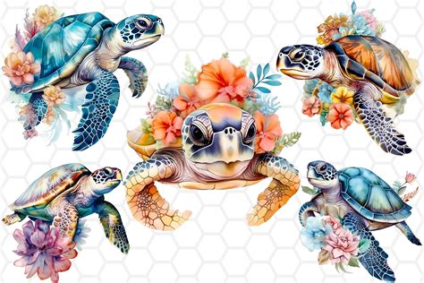 Watercolor Floral Sea Turtle Clipart PNG Graphic by DreanArtDesign ...