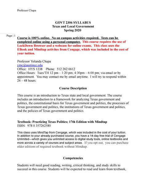 GOVT 2306.onl. Syllabus. 2 - Page | 1 GOVT 2306 SYLLABUS Texas and ...