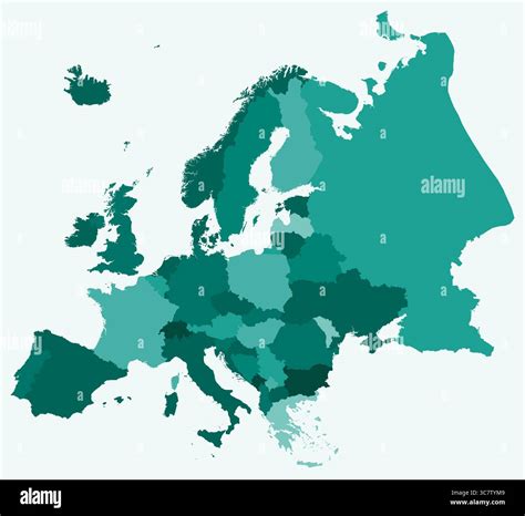 Map of Europe with countries. Just a simple continent border map with country division. Teal ...