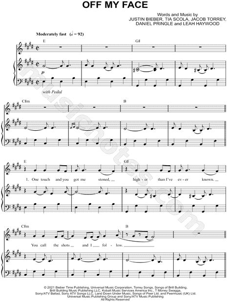 Justin Bieber "Off My Face" Sheet Music in E Major - Download & Print ...