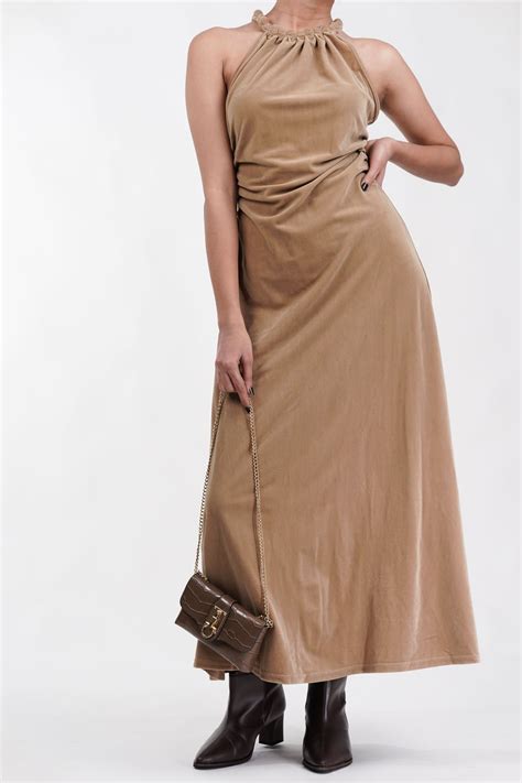 Midnight Luxe Beige Velvet Dress – Elegant Halter Neck Design – Nolabels
