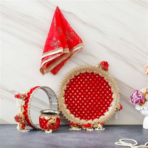 Buy eCraftIndia Red Karwa Chauth Pooja Thali with Plate, Chalni, Lota ...